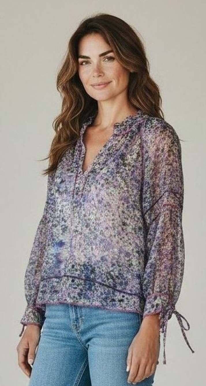 Marie Oliver Blouse Size M Purple Floral Cotton Silk